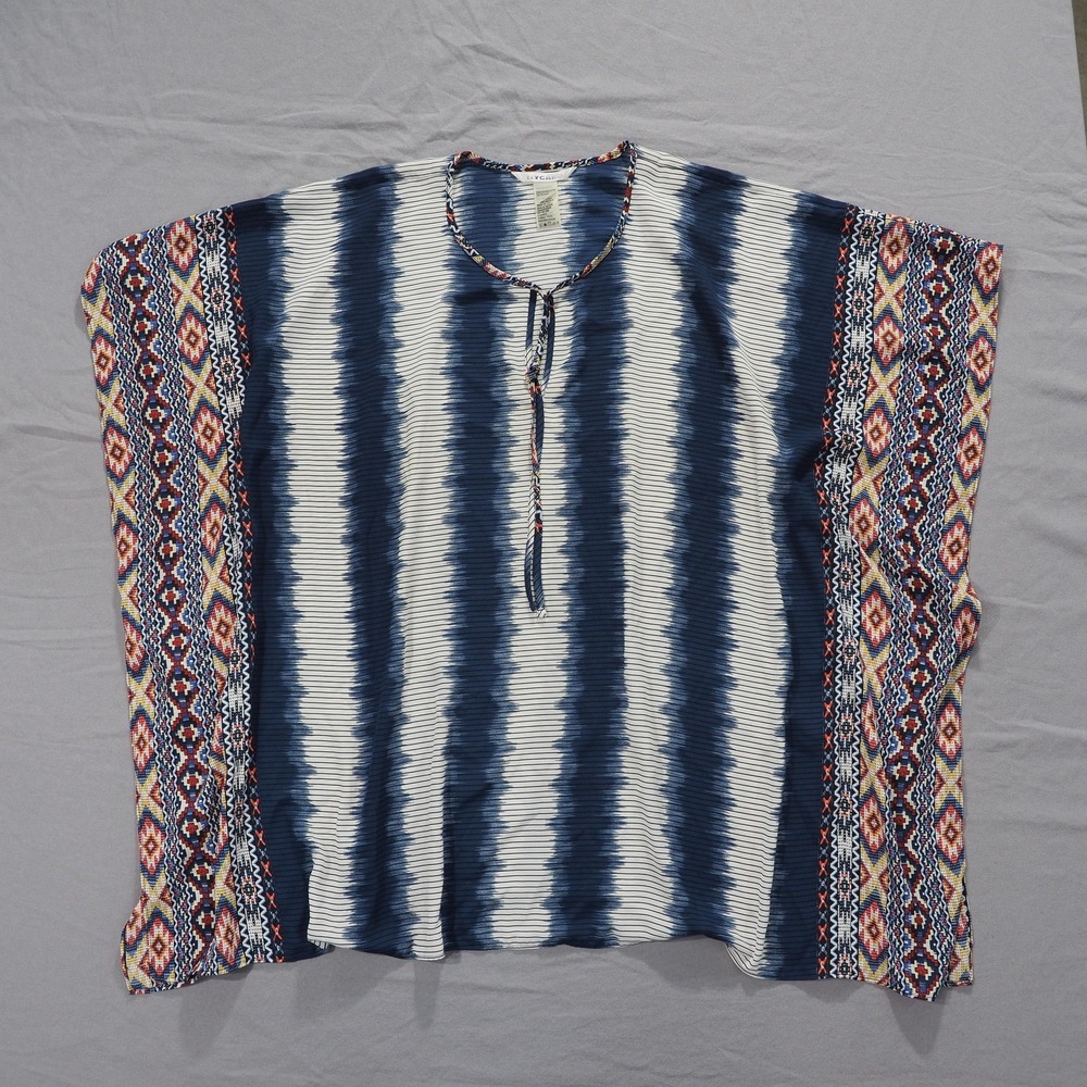 Nygard Poncho Women One Size Blue Geometric Print Kaftan Blouse Top Swim Cover